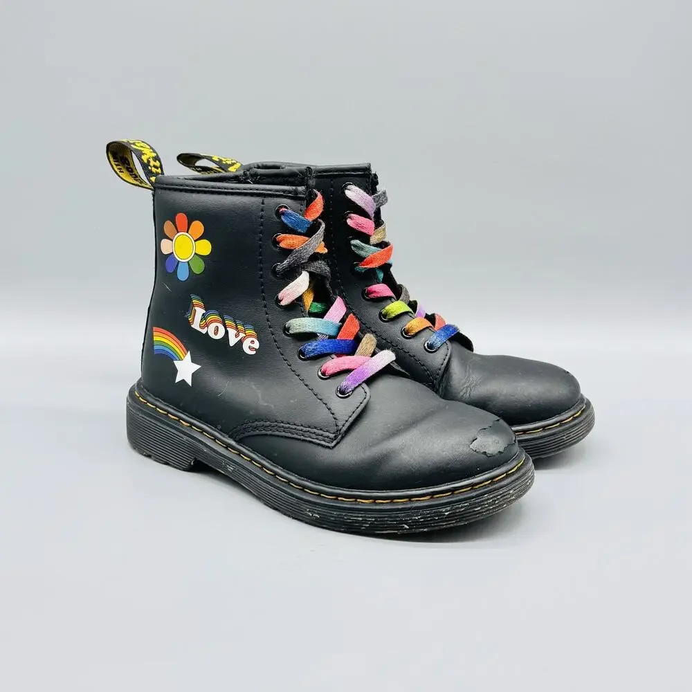 Dr. Martens Boots Youth 2 Black Rainbow Love Pride Stickers Lace Up 1460